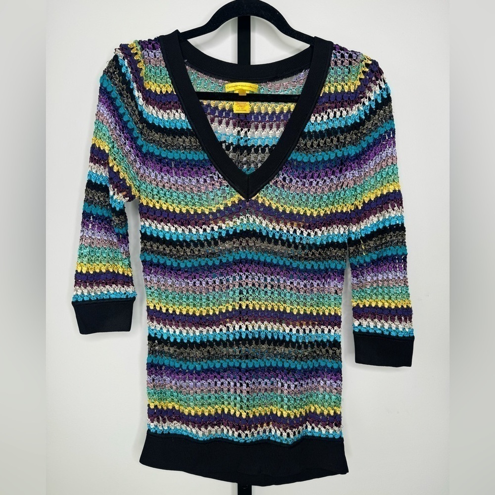 Catherine Malandrino Striped Crochet V-Neck Sweater - Chic Elegance
